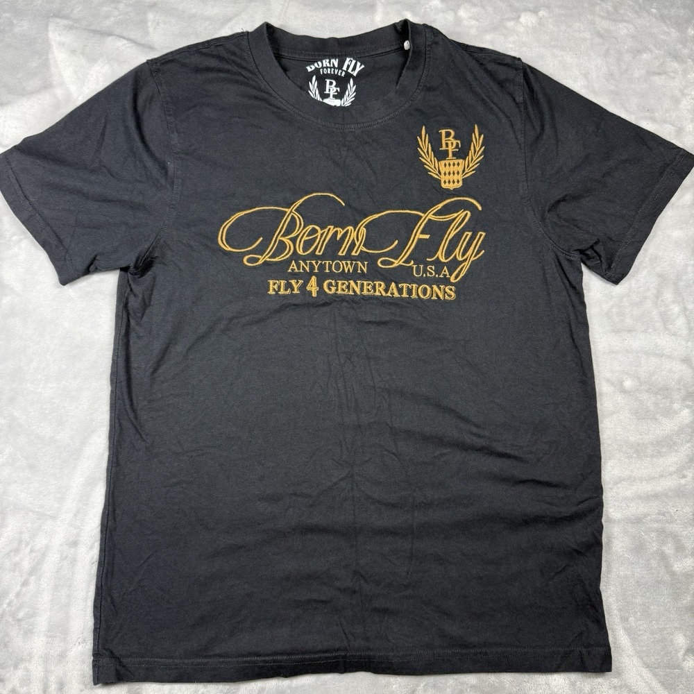 Born Fly Medium T-Shirt Mens Black Gold Embroidered Anytown USA Streetwear Tee